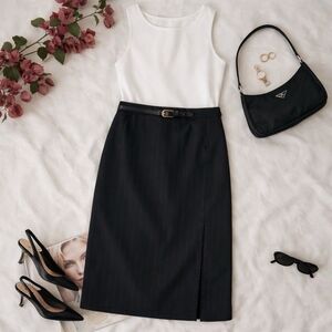 Vintage 90s Pinstripe Pencil Skirt Black Midi Slit CBK Minimalist Size 2 USA